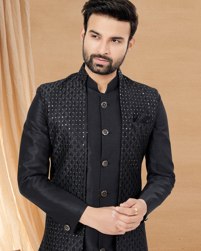 Black Art Silk Jacket Style Designer Indo Western