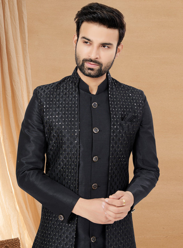 Black Art Silk Jacket Style Designer Indo Western
