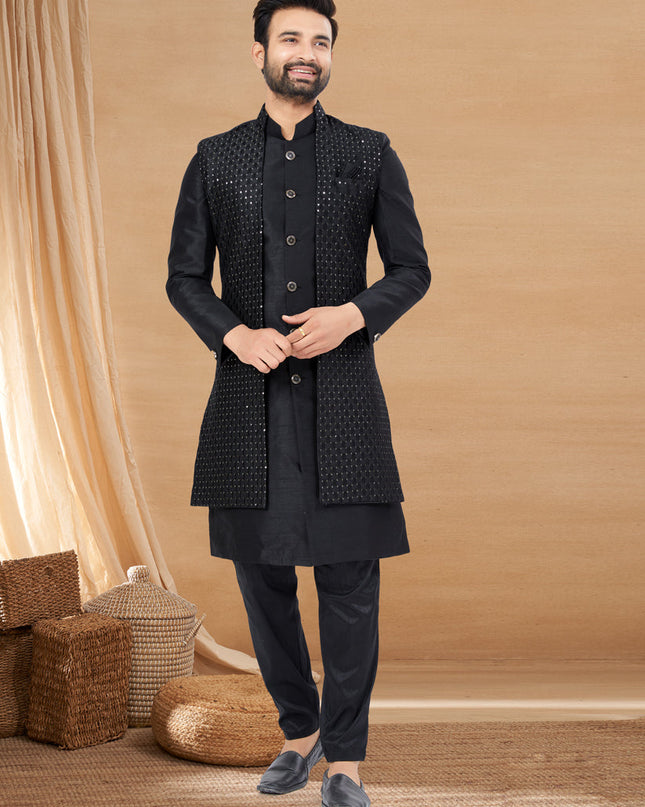 Black Art Silk Jacket Style Designer Indo Western