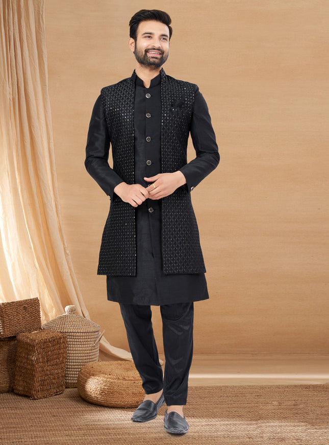 Black Art Silk Jacket Style Designer Indo Western