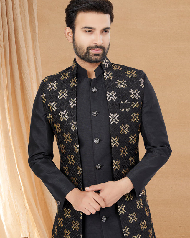 Black Art Silk Jacket Style Designer Indo Western