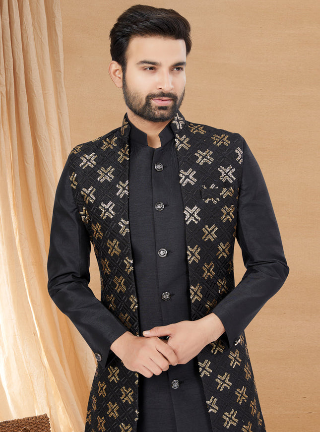 Black Art Silk Jacket Style Designer Indo Western