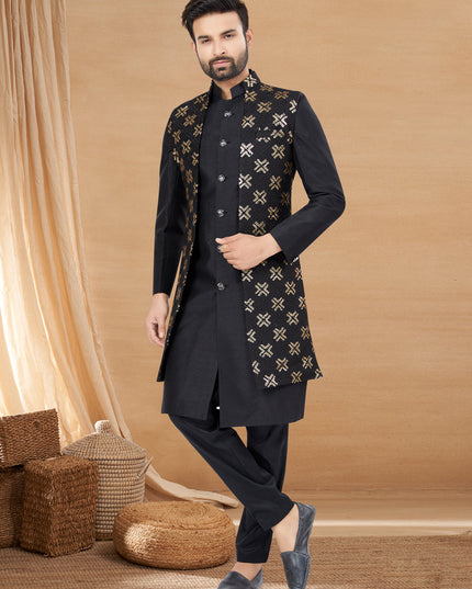 Black Art Silk Jacket Style Designer Indo Western