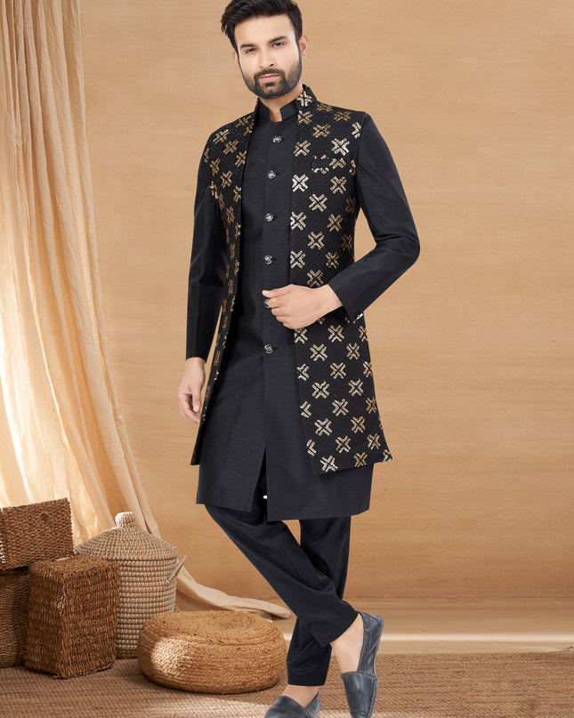Black Art Silk Jacket Style Designer Indo Western