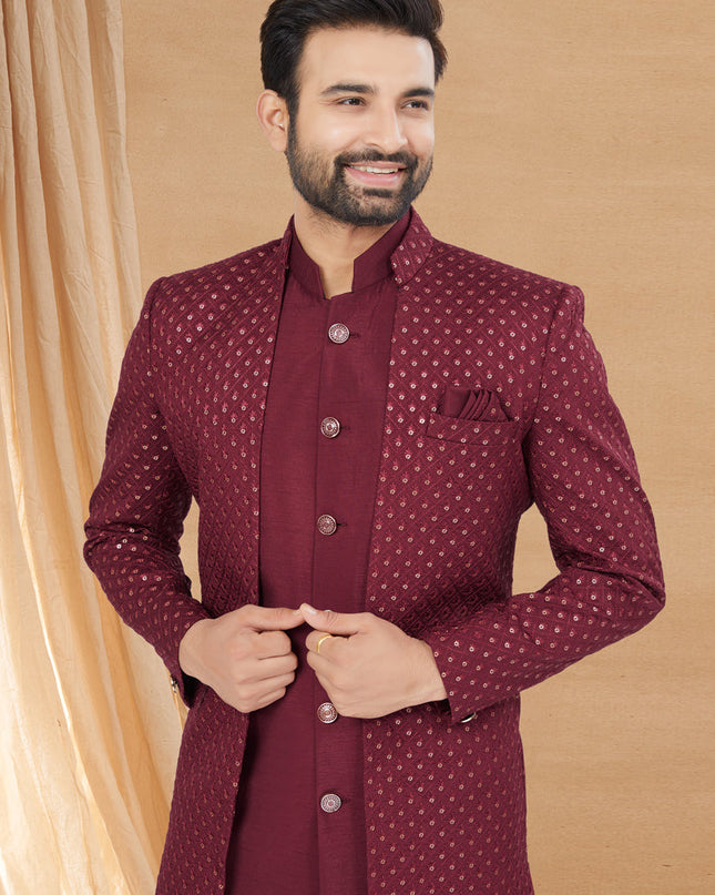 Maroon Art Silk Jacket Style Designer Indo Western