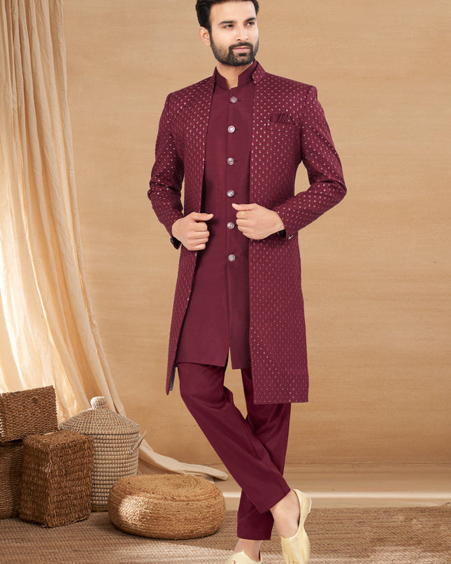 Maroon Art Silk Jacket Style Designer Indo Western