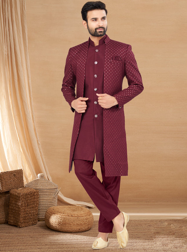 Maroon Art Silk Jacket Style Designer Indo Western