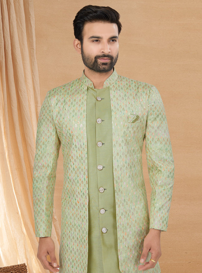 Pista Green Art Silk Jacket Style Designer Indo Western