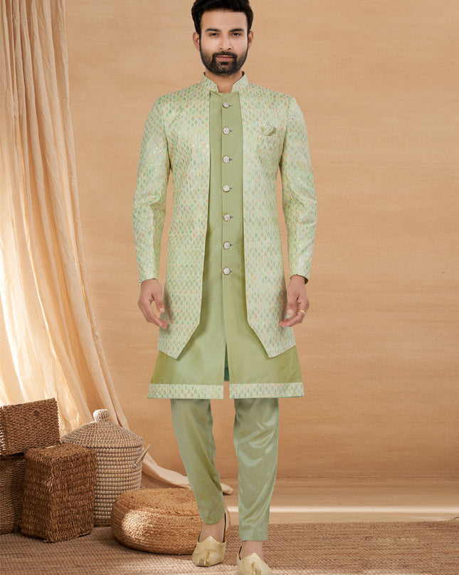 Pista Green Art Silk Jacket Style Designer Indo Western