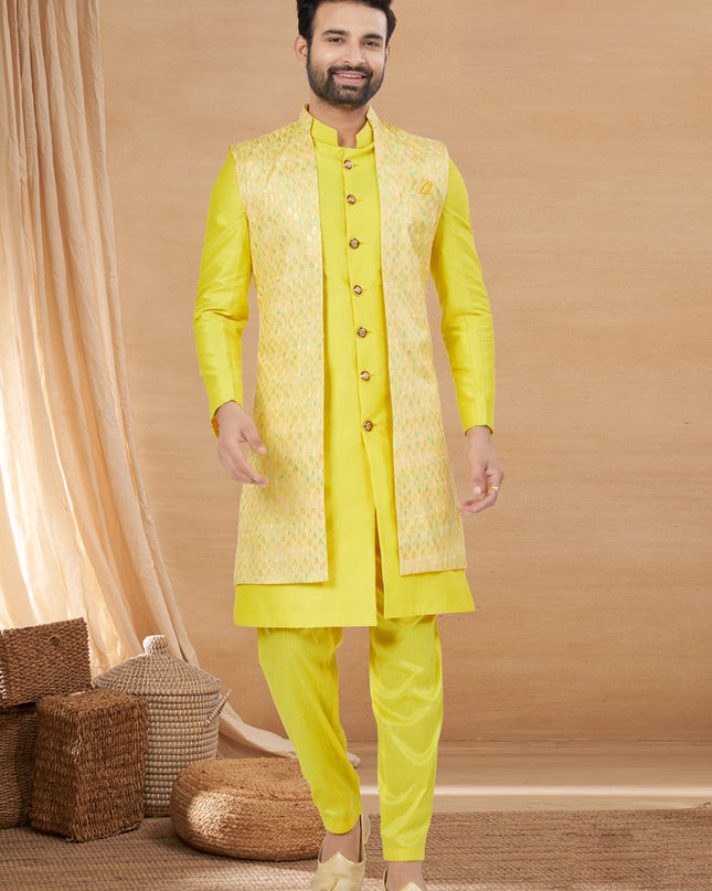 Yellow Art Silk Jacket Style Designer Indo Western