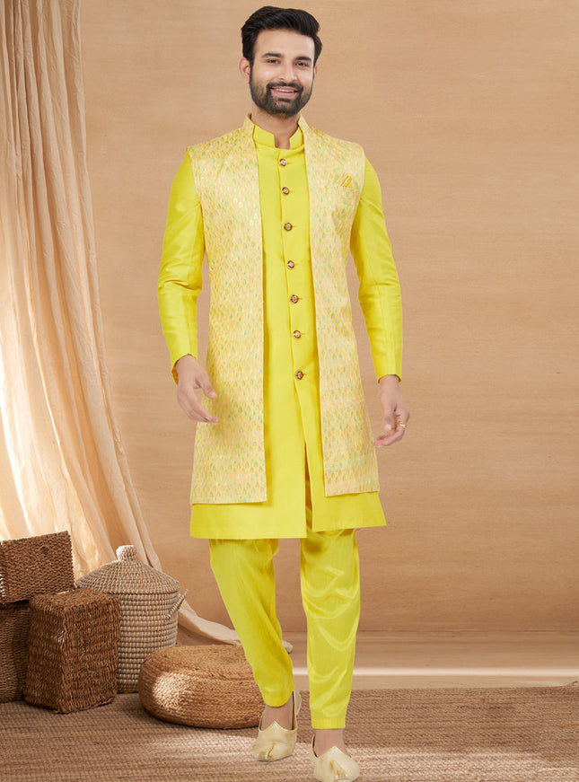 Yellow Art Silk Jacket Style Designer Indo Western