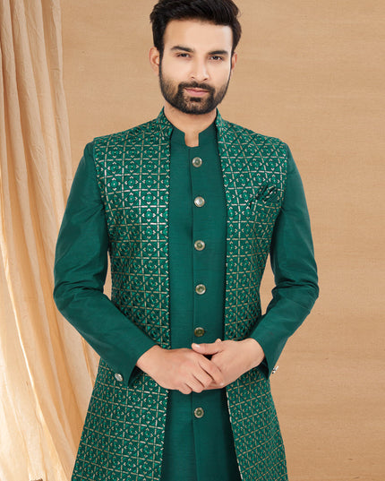 Green Art Silk Jacket Style Designer Indo Western