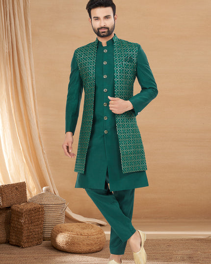 Green Art Silk Jacket Style Designer Indo Western