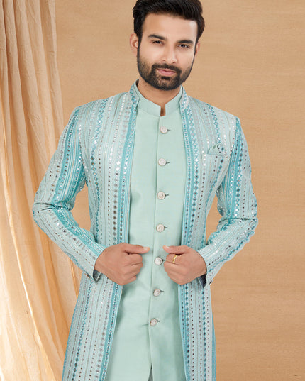Sky Blue Art Silk Jacket Style Designer Indo Western