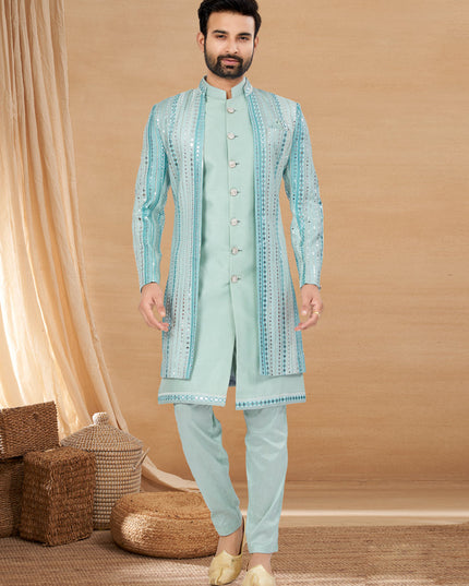 Sky Blue Art Silk Jacket Style Designer Indo Western