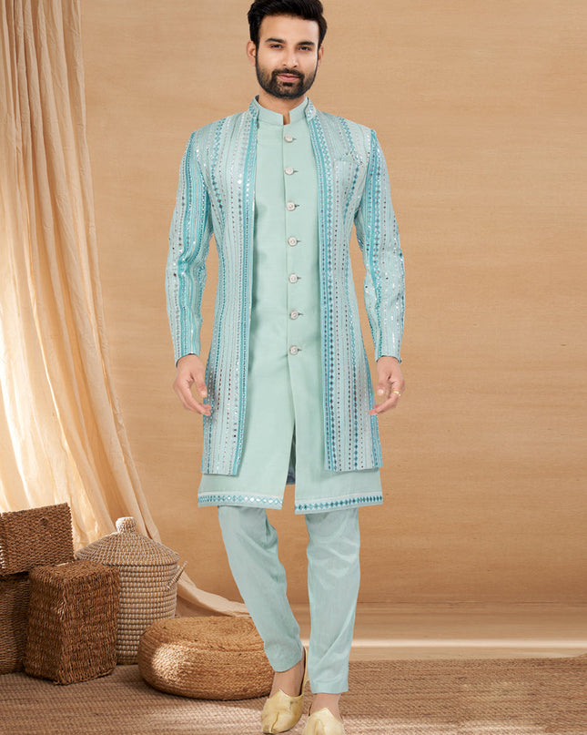 Sky Blue Art Silk Jacket Style Designer Indo Western