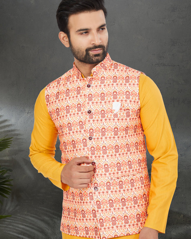 Yellow Cotton Mens Kurta Pajama Set With Jacket