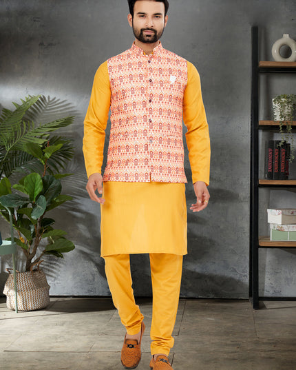 Yellow Cotton Mens Kurta Pajama Set With Jacket