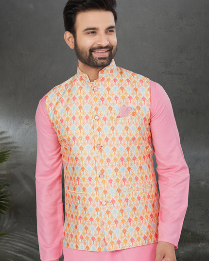 Pink Cotton Mens Kurta Pajama Set With Jacket