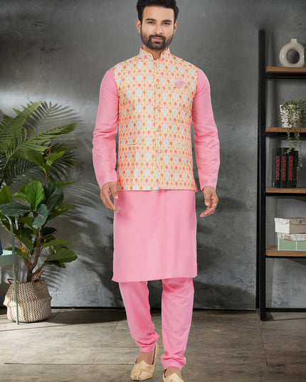 Pink Cotton Mens Kurta Pajama Set With Jacket