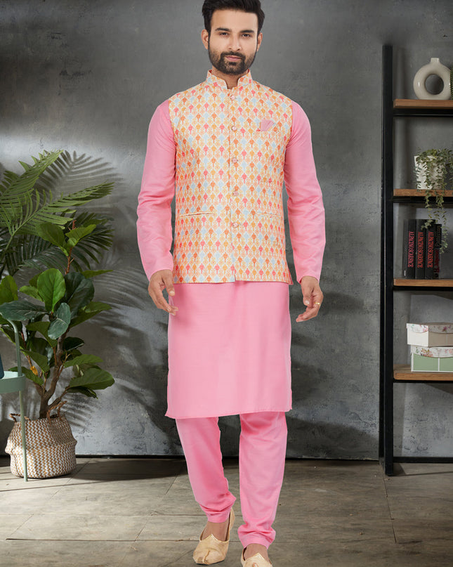 Pink Cotton Mens Kurta Pajama Set With Jacket