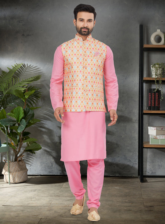Pink Cotton Mens Kurta Pajama Set With Jacket