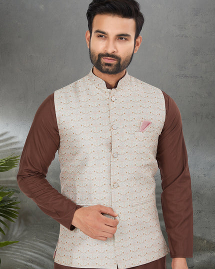 Brown Cotton Mens Kurta Pajama Set With Jacket