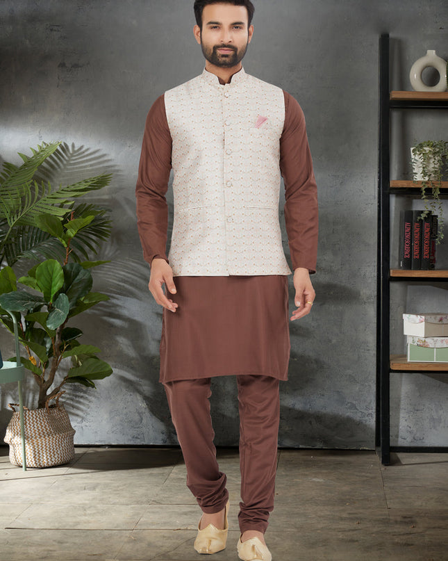 Brown Cotton Mens Kurta Pajama Set With Jacket