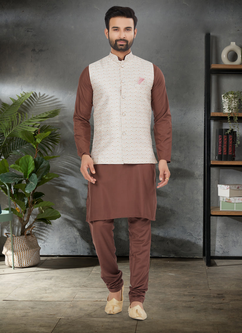 Brown Cotton Mens Kurta Pajama Set With Jacket
