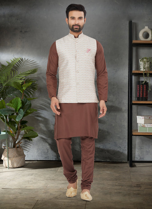 Brown Cotton Mens Kurta Pajama Set With Jacket