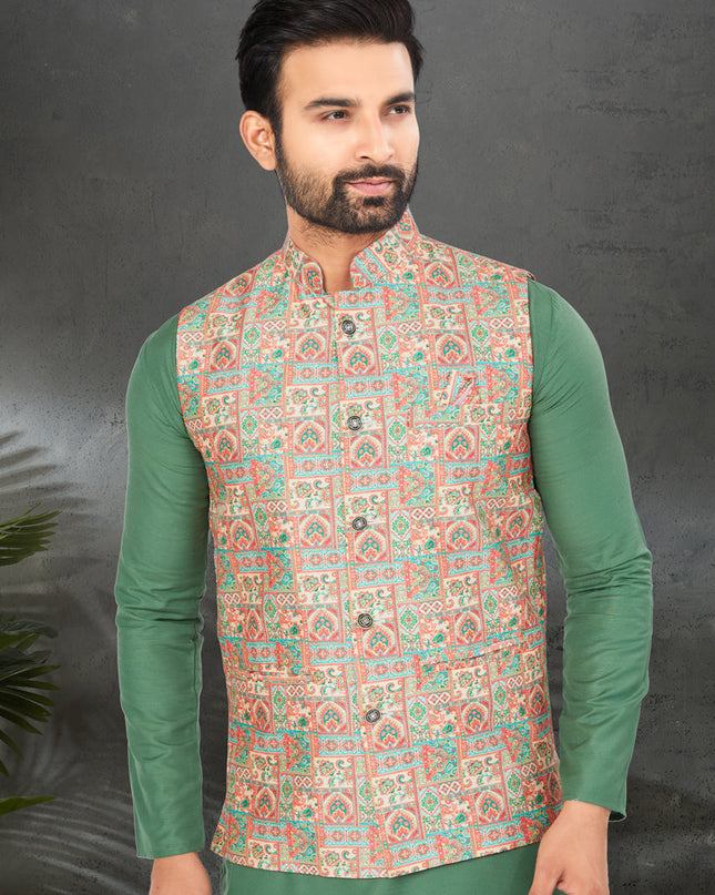 Green Cotton Mens Kurta Pajama Set With Jacket