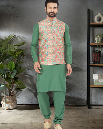 Green Cotton Mens Kurta Pajama Set With Jacket