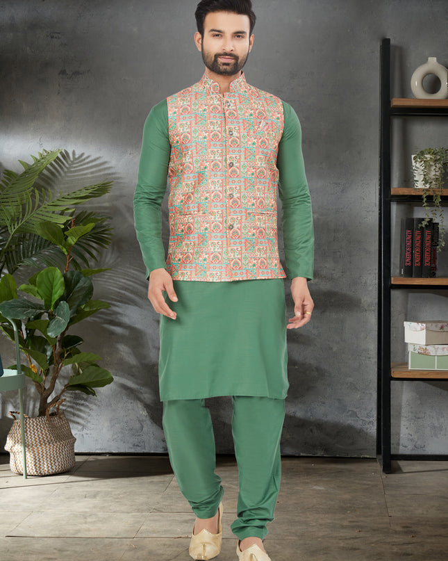Green Cotton Mens Kurta Pajama Set With Jacket