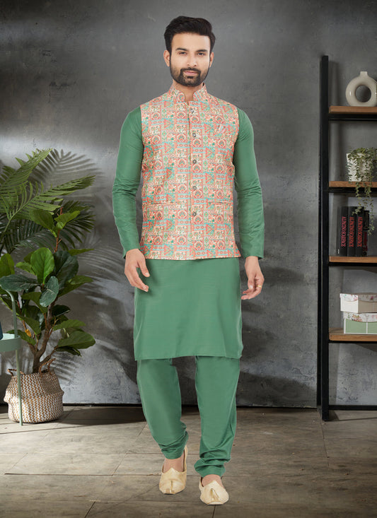 Green Cotton Mens Kurta Pajama Set With Jacket