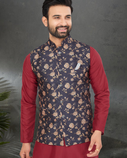 Maroon Cotton Mens Kurta Pajama Set With Jacket