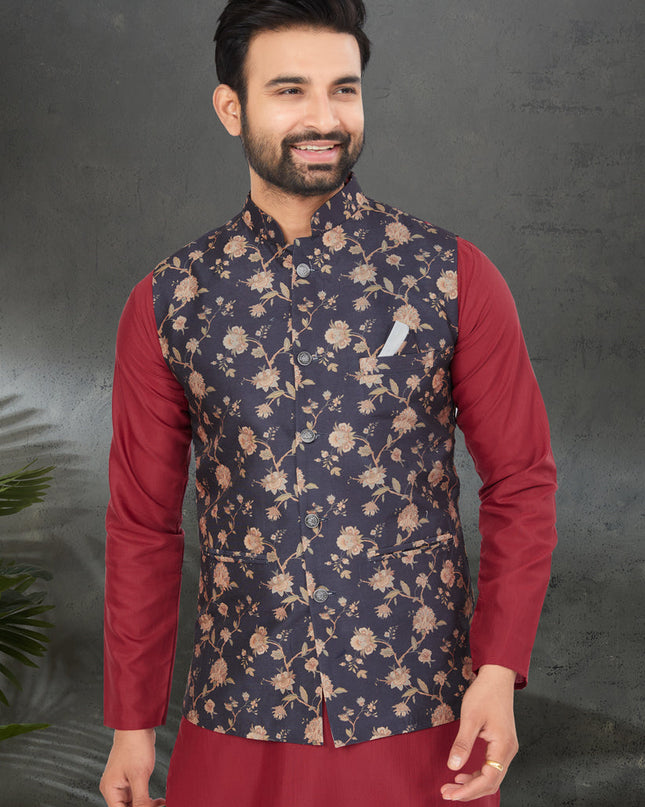 Maroon Cotton Mens Kurta Pajama Set With Jacket