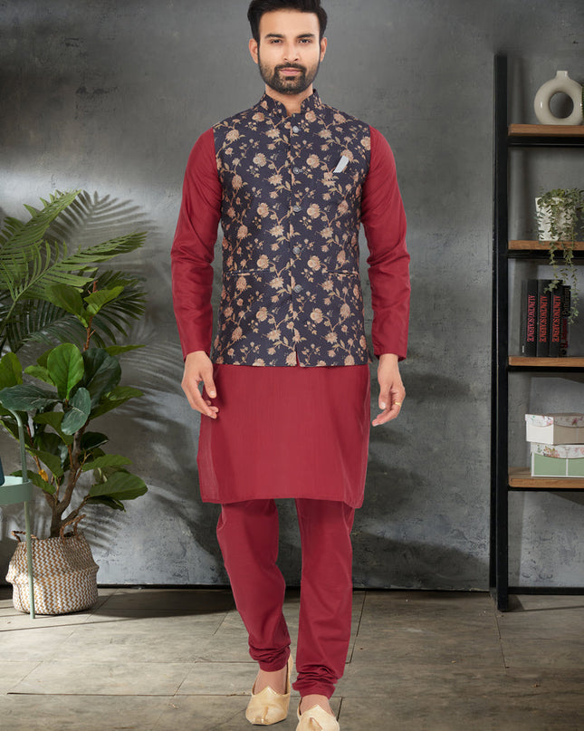 Maroon Cotton Mens Kurta Pajama Set With Jacket