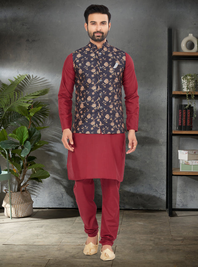 Maroon Cotton Mens Kurta Pajama Set With Jacket
