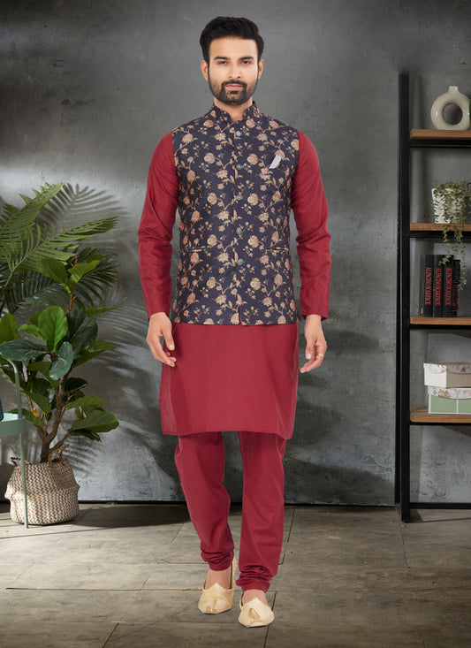 Maroon Cotton Mens Kurta Pajama Set With Jacket
