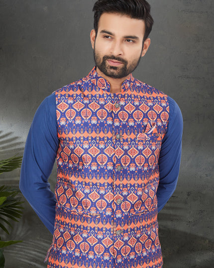 Blue Cotton Mens Kurta Pajama Set With Jacket