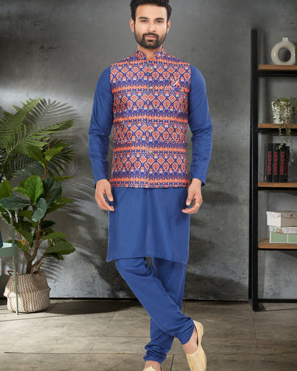 Blue Cotton Mens Kurta Pajama Set With Jacket