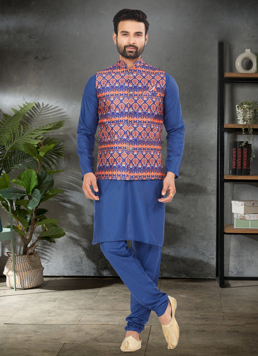 Blue Cotton Mens Kurta Pajama Set With Jacket