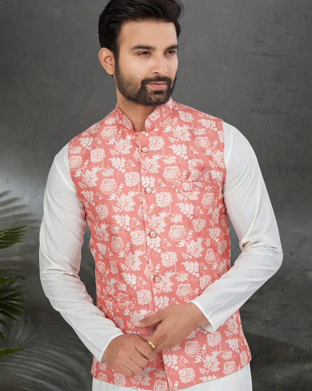 White Cotton Mens Kurta Pajama Set With Jacket