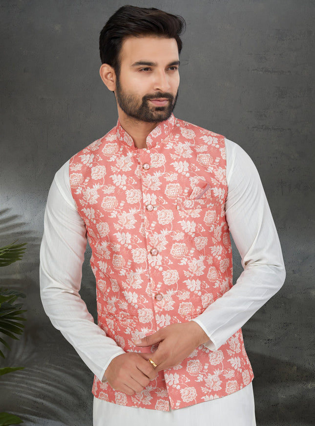 White Cotton Mens Kurta Pajama Set With Jacket