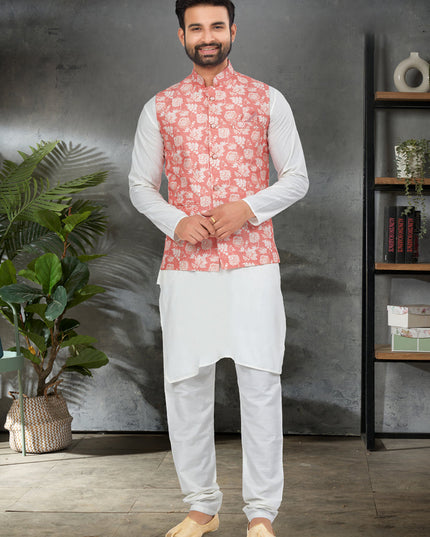 White Cotton Mens Kurta Pajama Set With Jacket