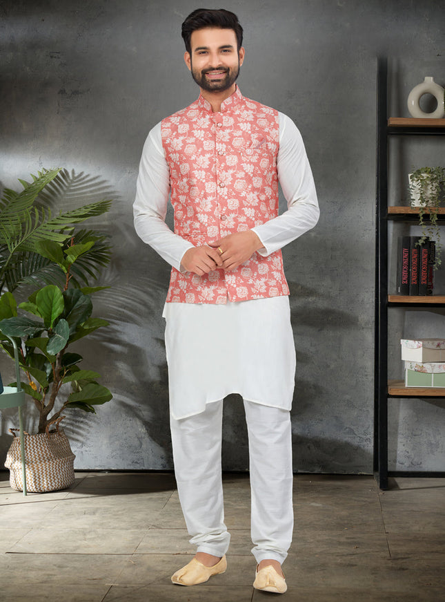White Cotton Mens Kurta Pajama Set With Jacket