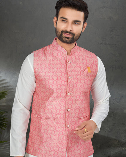 White Cotton Mens Kurta Pajama Set With Jacket