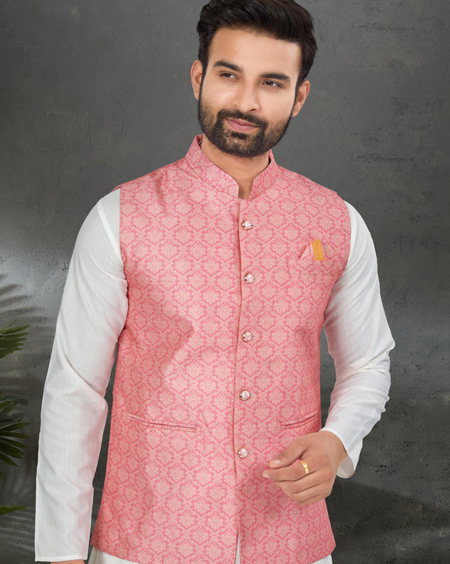 White Cotton Mens Kurta Pajama Set With Jacket