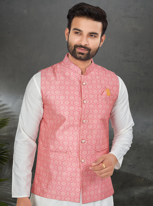 White Cotton Mens Kurta Pajama Set With Jacket