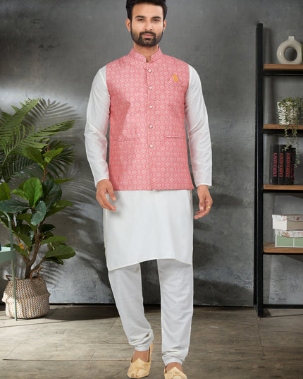 White Cotton Mens Kurta Pajama Set With Jacket